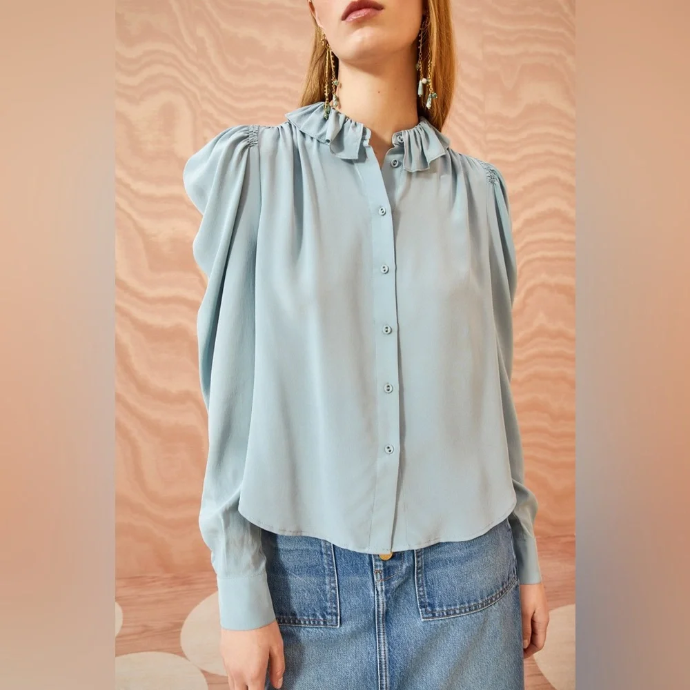 NWT $450 Ulla Johnson Dara Ruffle Neck Silk Blouse - Picture 1 of 7
